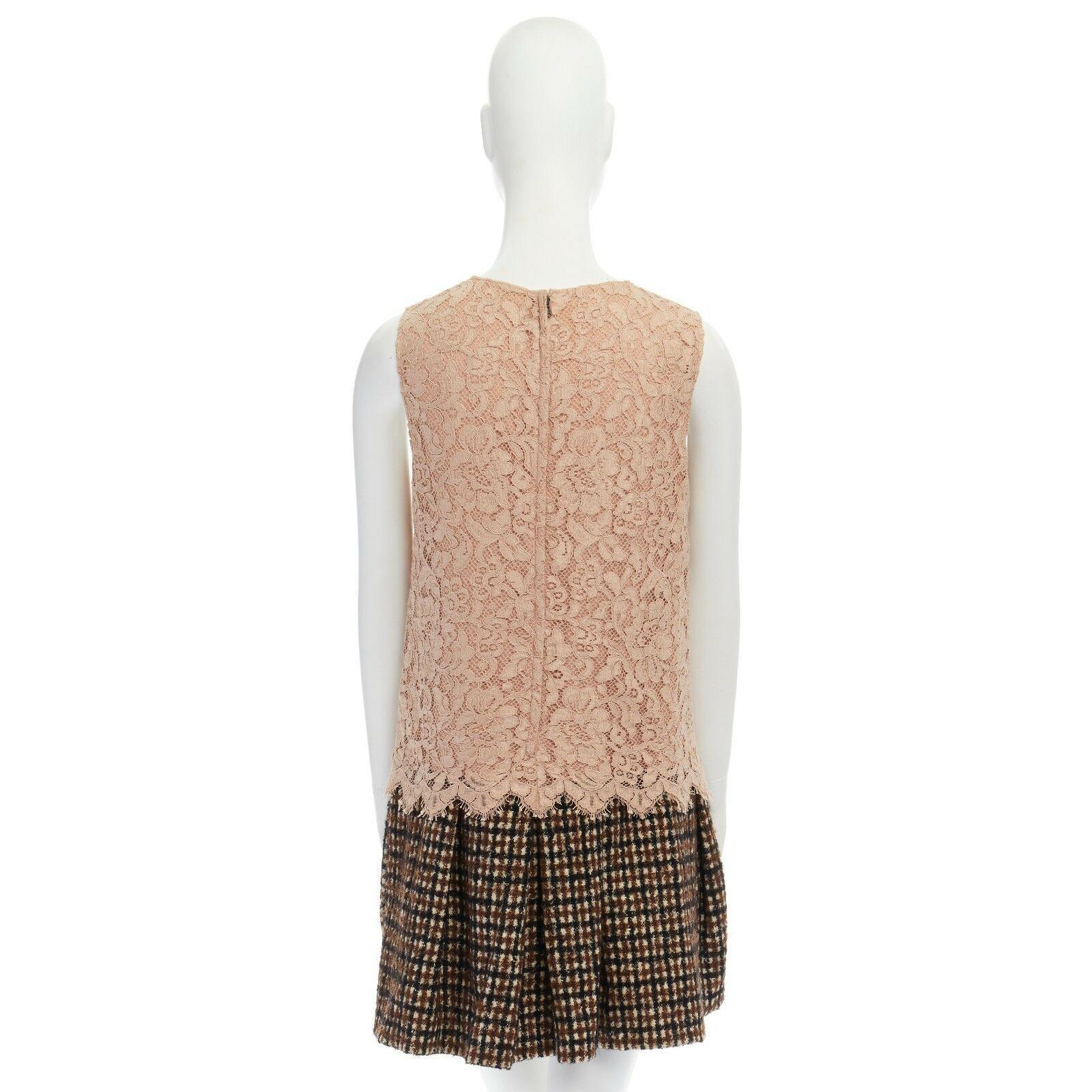 DOLCE GABBANA nude floral lace brown checked wool boucle skirt cocktail dress S 2