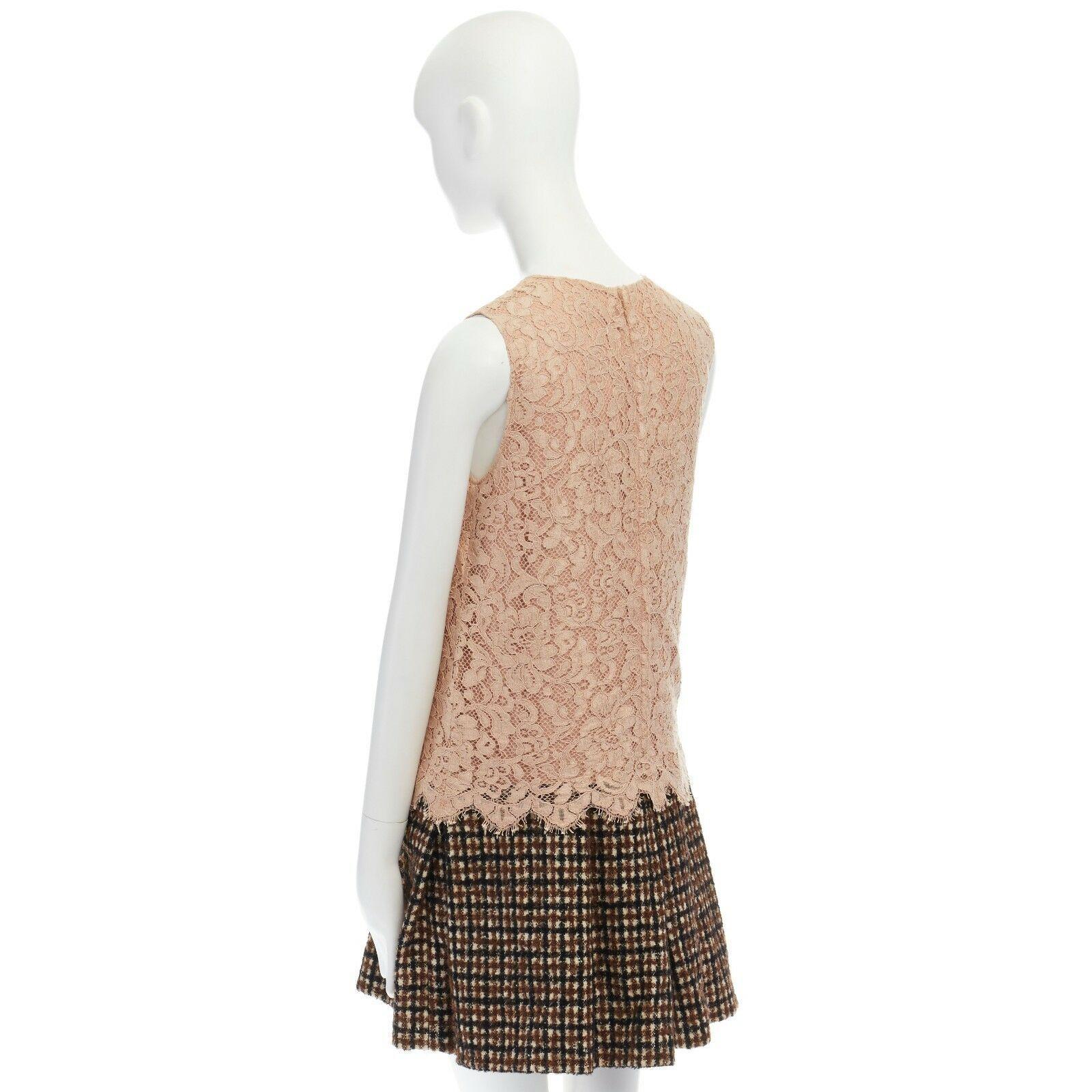 DOLCE GABBANA nude floral lace brown checked wool boucle skirt cocktail dress S 3