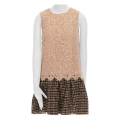 DOLCE GABBANA nude floral lace brown checked wool boucle skirt cocktail dress S