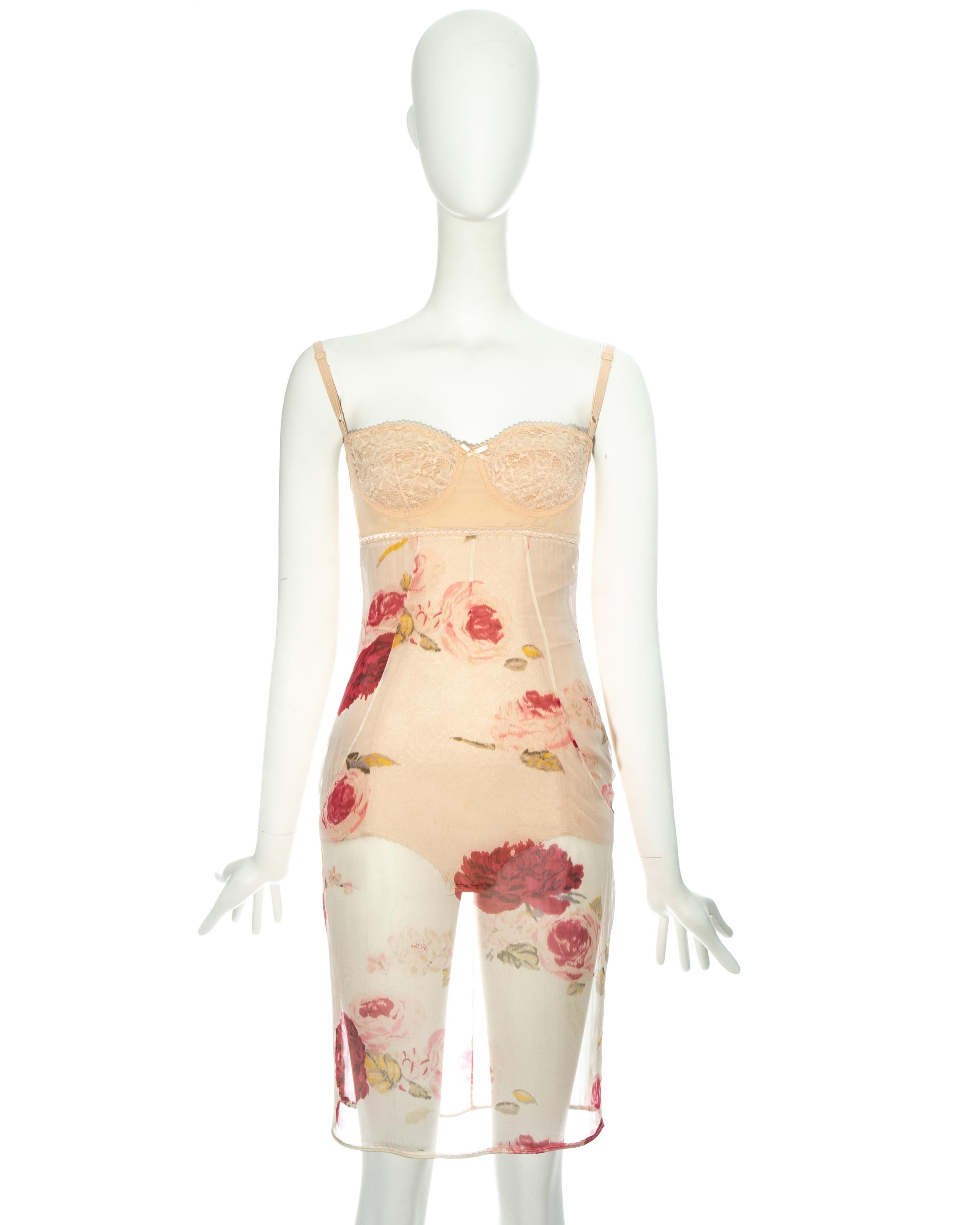 Dolce & Gabbana nude floral printed silk chiffon evening dress with attached corseted spandex bodysuit.

Fall-Winter 1996