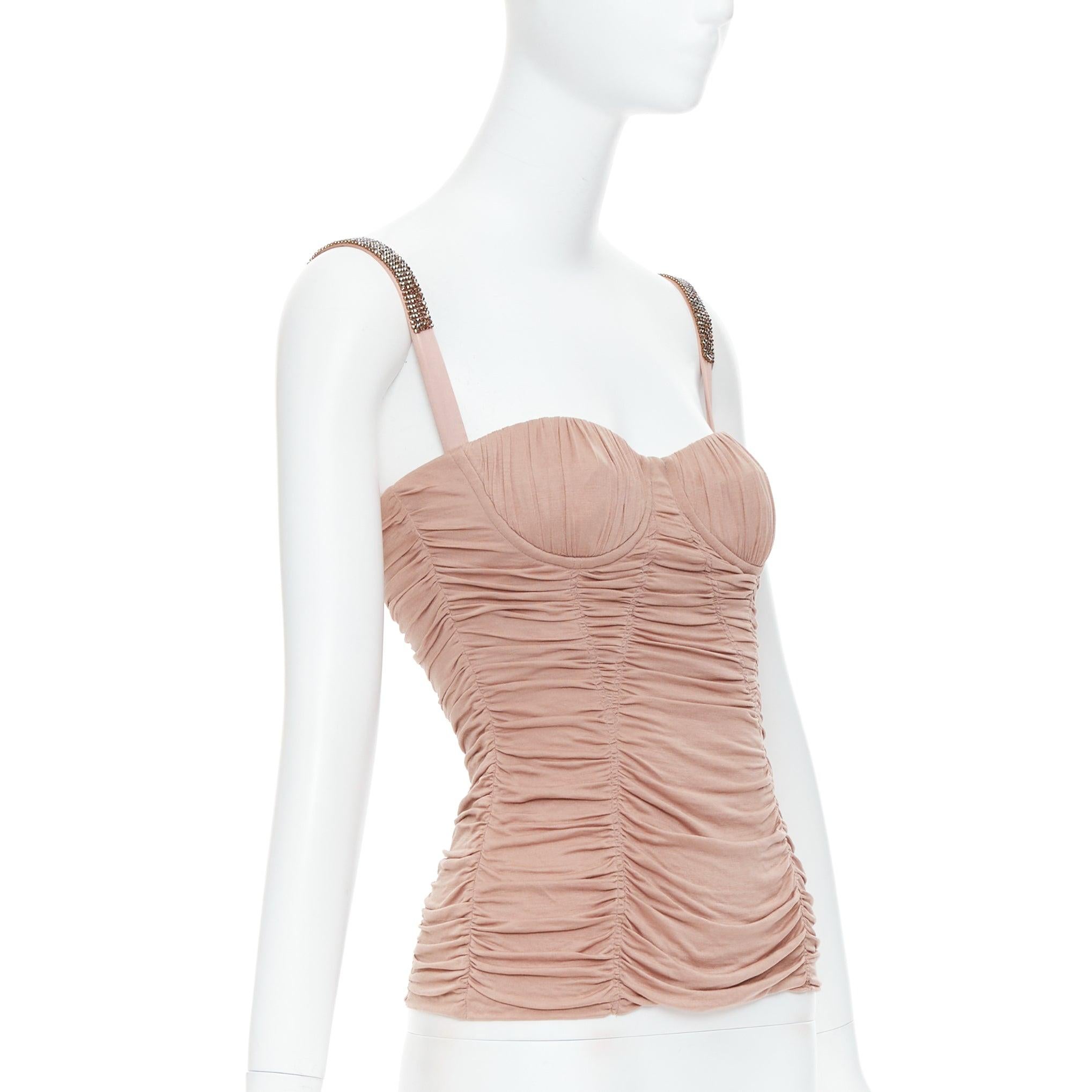 Beige DOLCE GABBANA nude silk crystal strap ruched corset bustier IT38 XS For Sale