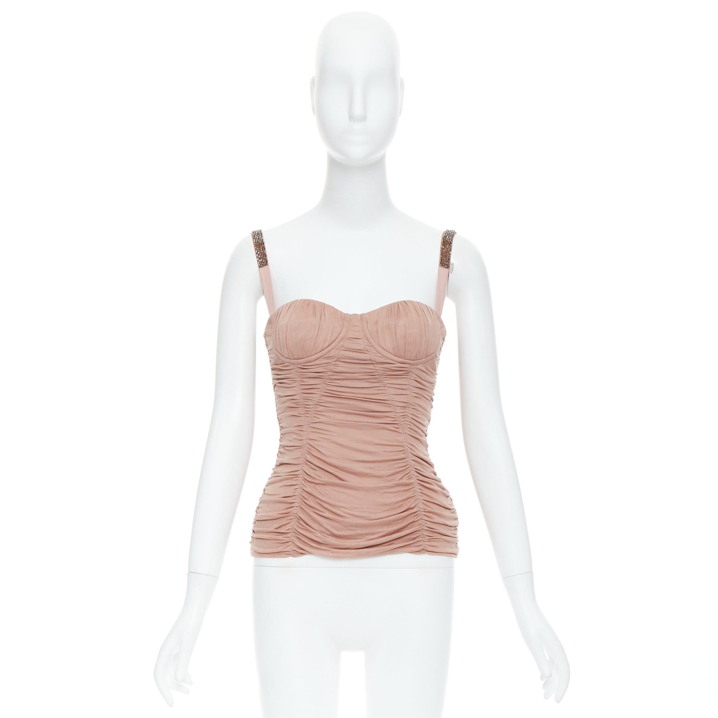 DOLCE GABBANA nude silk crystal strap ruched corset bustier IT38 XS For Sale 4
