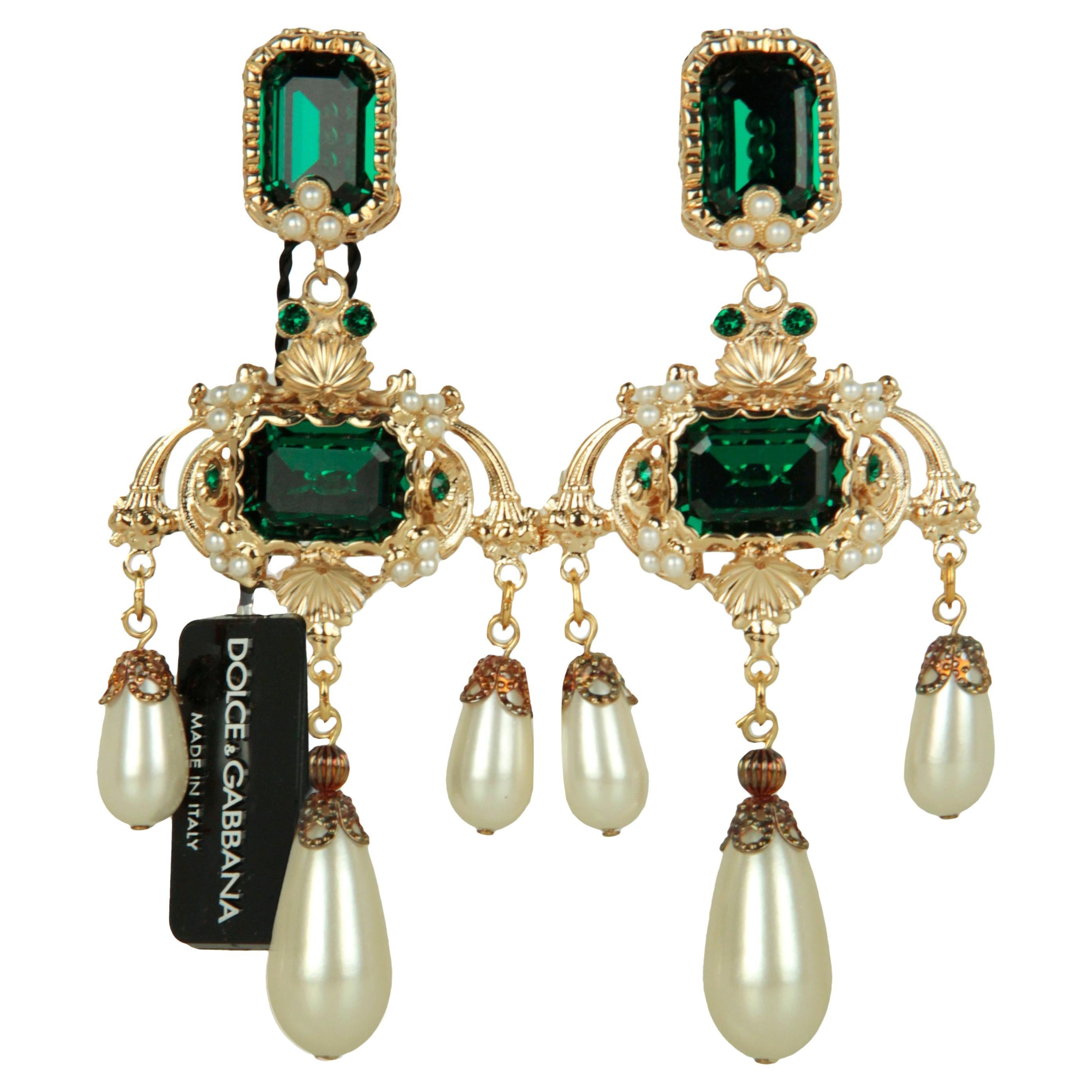 Dolce & Gabbana NWT Faux Pearl & Green Crystal Chandelier Earrings