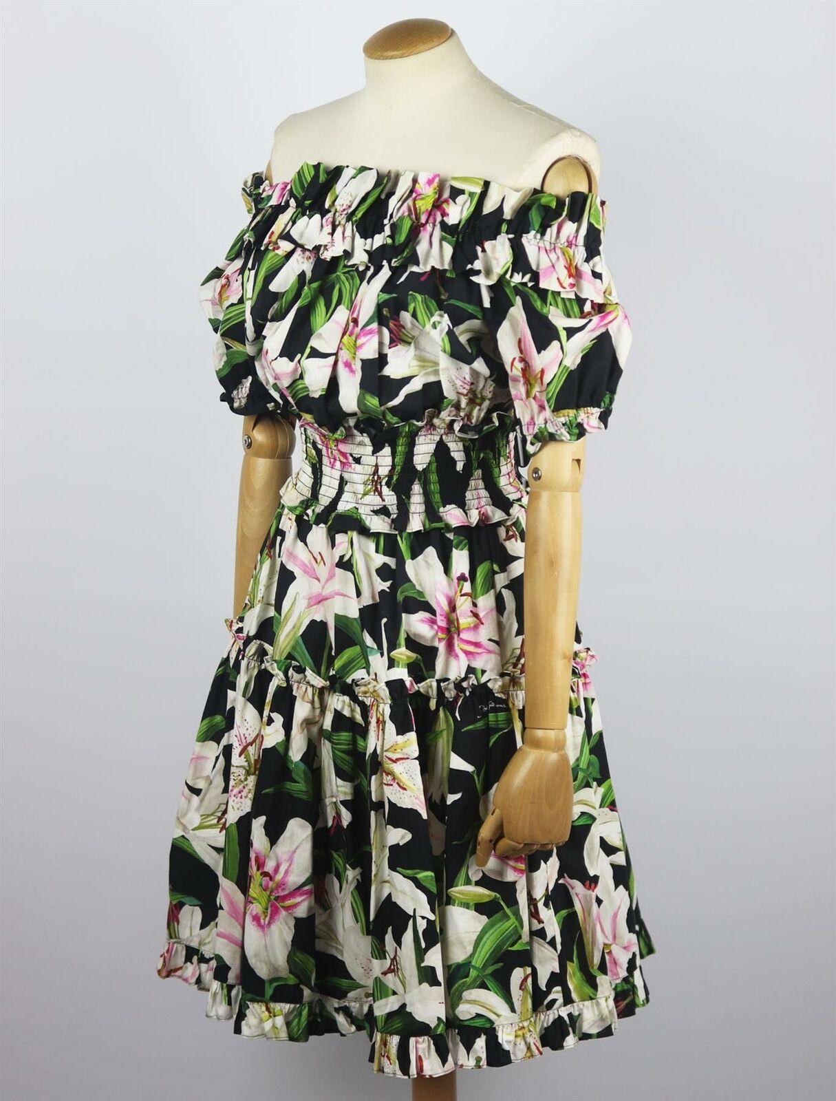 Beige Dolce & Gabbana Off The Shoulder Floral Print Cotton Mini Dress