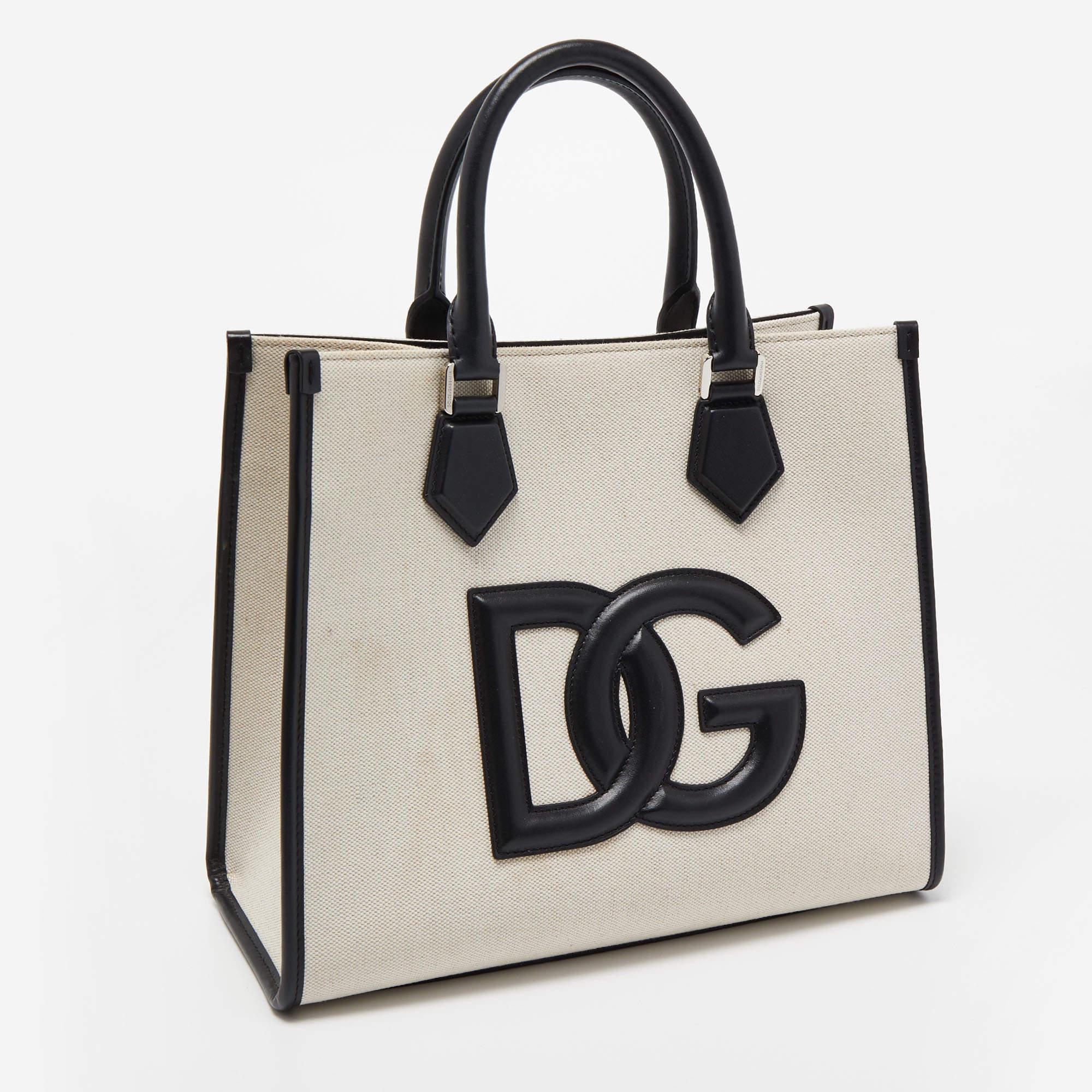 Women's Dolce & Gabbana Off-White/Black Canvas And Leather DG Logo Shopper Tote