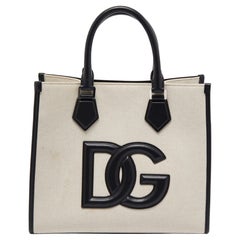 Dolce & Gabbana Off-White/Schwarze Segeltuch und Leder DG Logo Shopper Tote aus Segeltuch