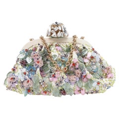 Dolce & Gabbana Off White Embellished Canvas Crystal Lock Frame Bag