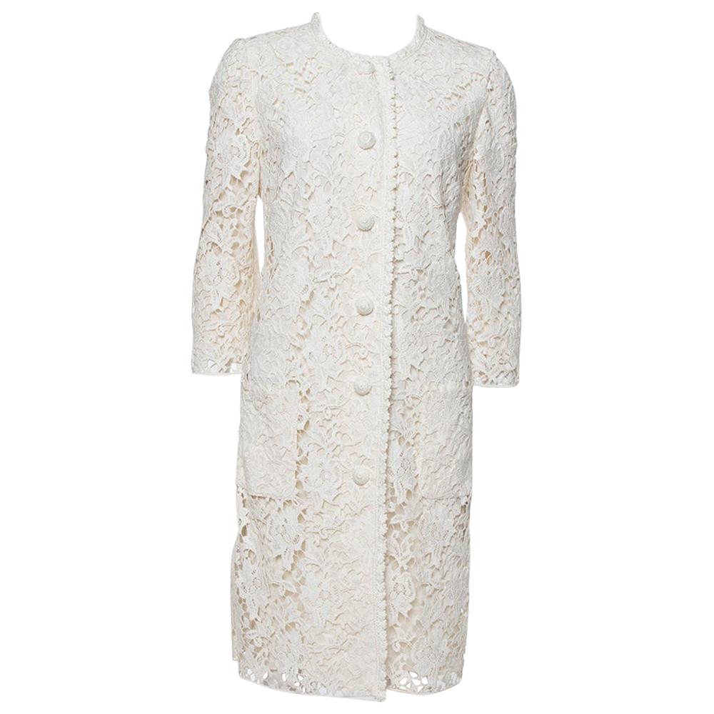 Dolce & Gabbana Off White Floral Lace Button Front Coat M