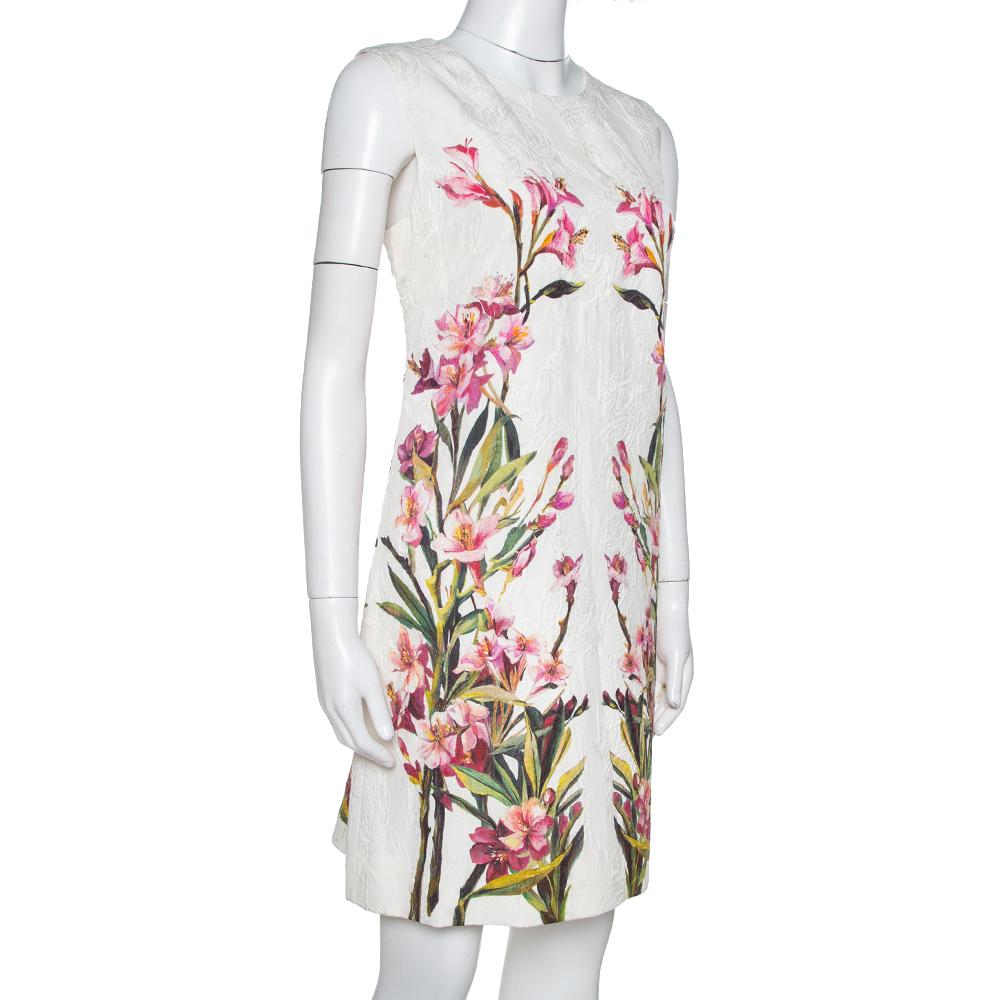 Gray Dolce & Gabbana Off White Floral Print Cotton Jacquard Shift Dress M