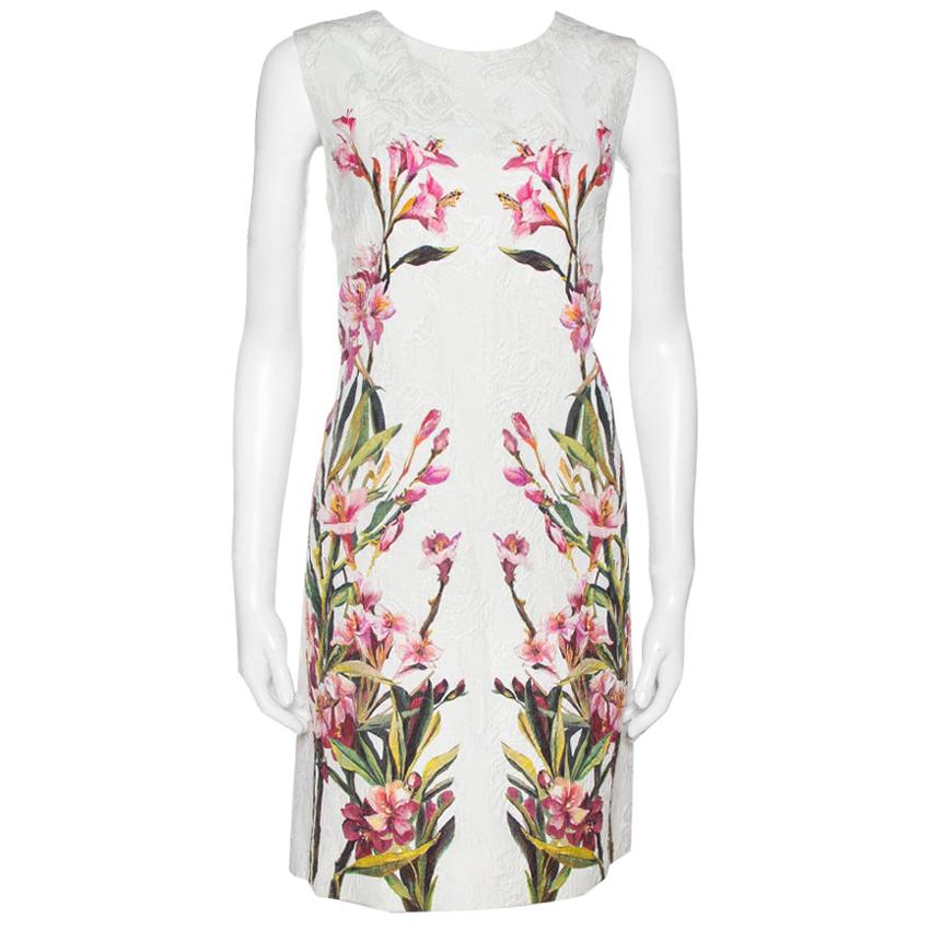 Dolce & Gabbana Off White Floral Print Cotton Jacquard Shift Dress M