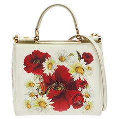 Dolce & Gabbana Off White Floral Print Leather Small Miss Sicily Top Handle Bag