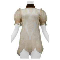 Dolce & Gabbana Off White Lace Mini Dress With Velvet Collar 2001