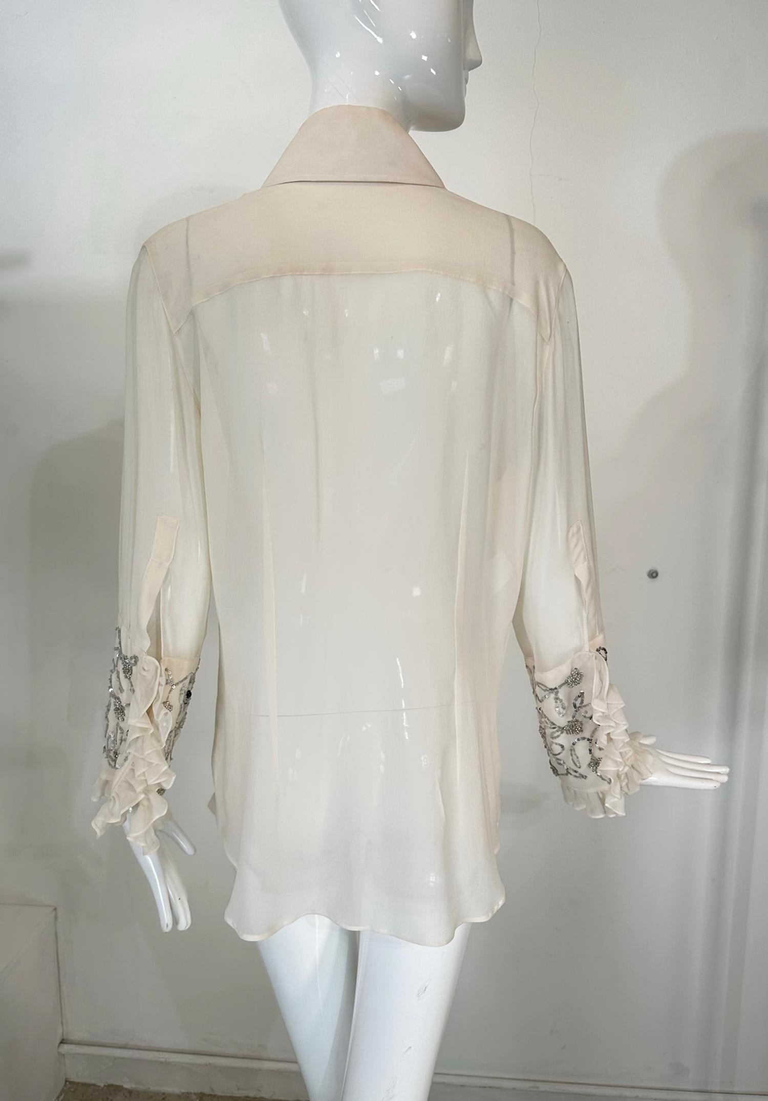 Dolce & Gabbana Off White Sheer Silk Chiffon Plunge Neck Glittery Sequin Blouse  For Sale 6