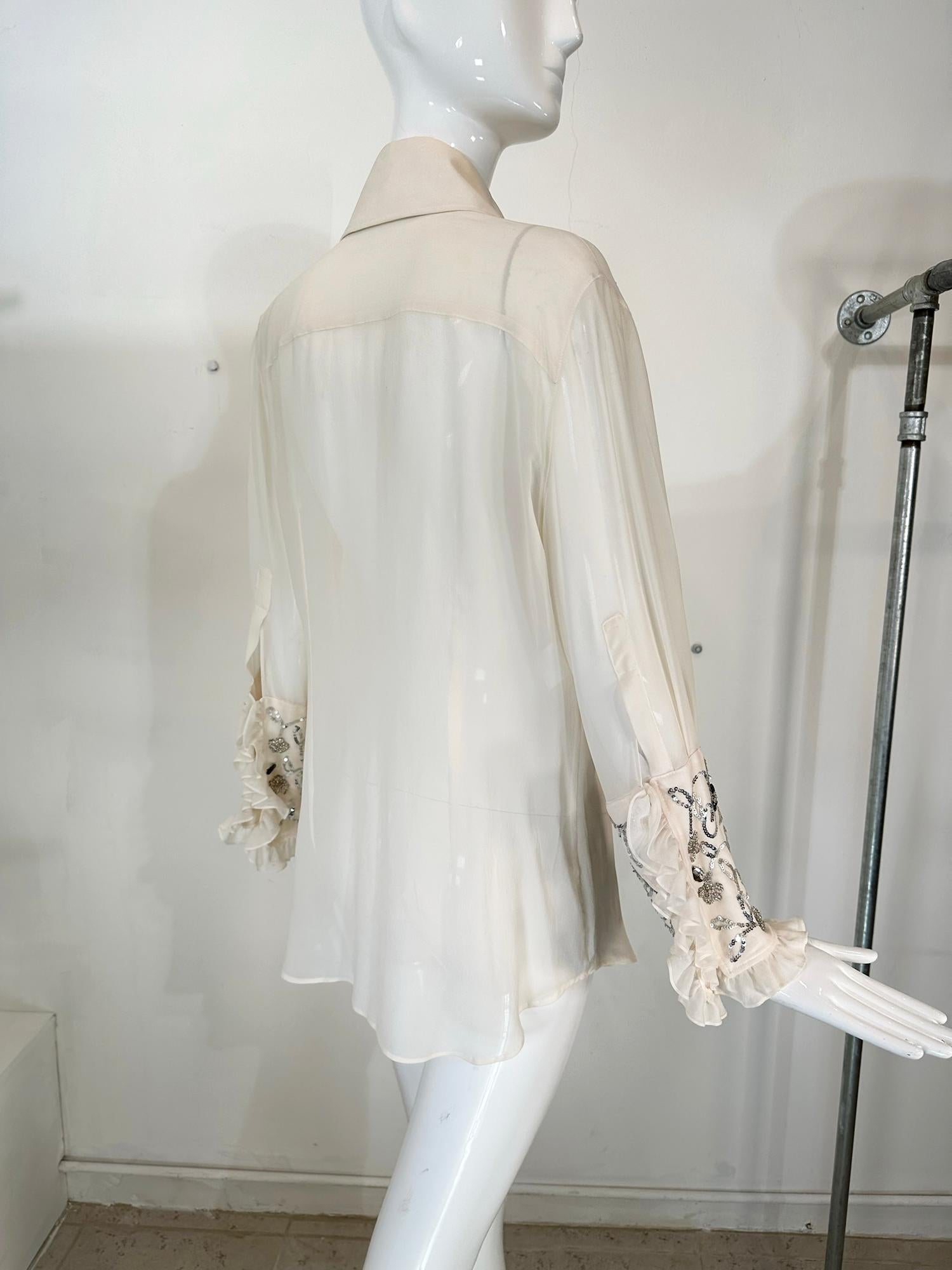Dolce & Gabbana Off White Sheer Silk Chiffon Plunge Neck Glittery Sequin Blouse For Sale 6