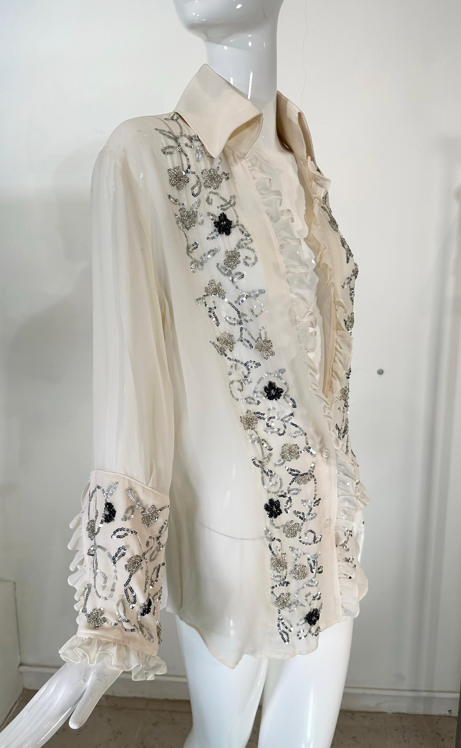 Dolce & Gabbana Off White Sheer Silk Chiffon Plunge Neck Glittery Sequin Blouse  For Sale 8