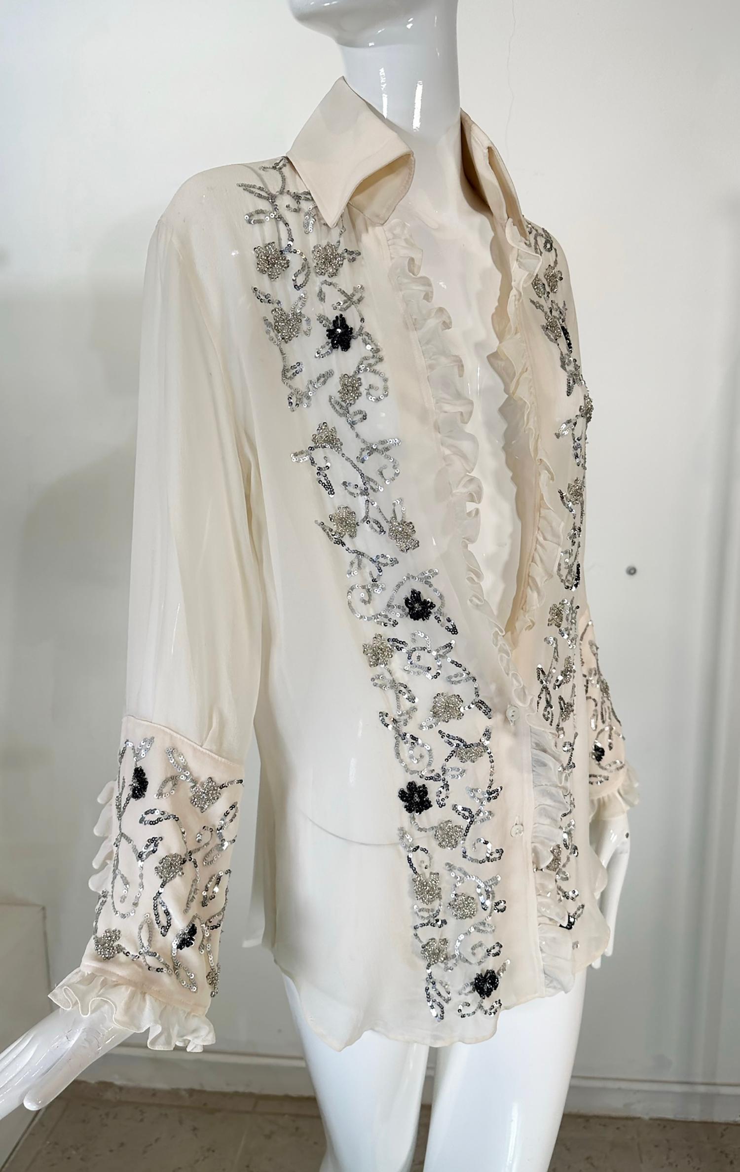 Dolce & Gabbana Off White Sheer Silk Chiffon Plunge Neck Glittery Sequin Blouse  For Sale 9