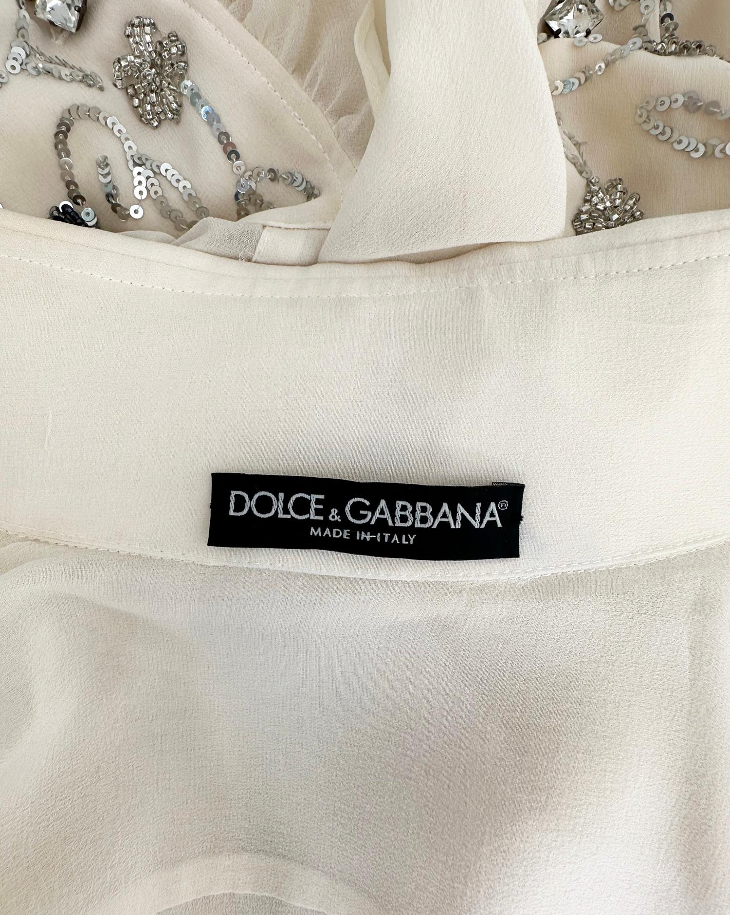 Dolce & Gabbana Off White Sheer Silk Chiffon Plunge Neck Glittery Sequin Blouse  For Sale 10
