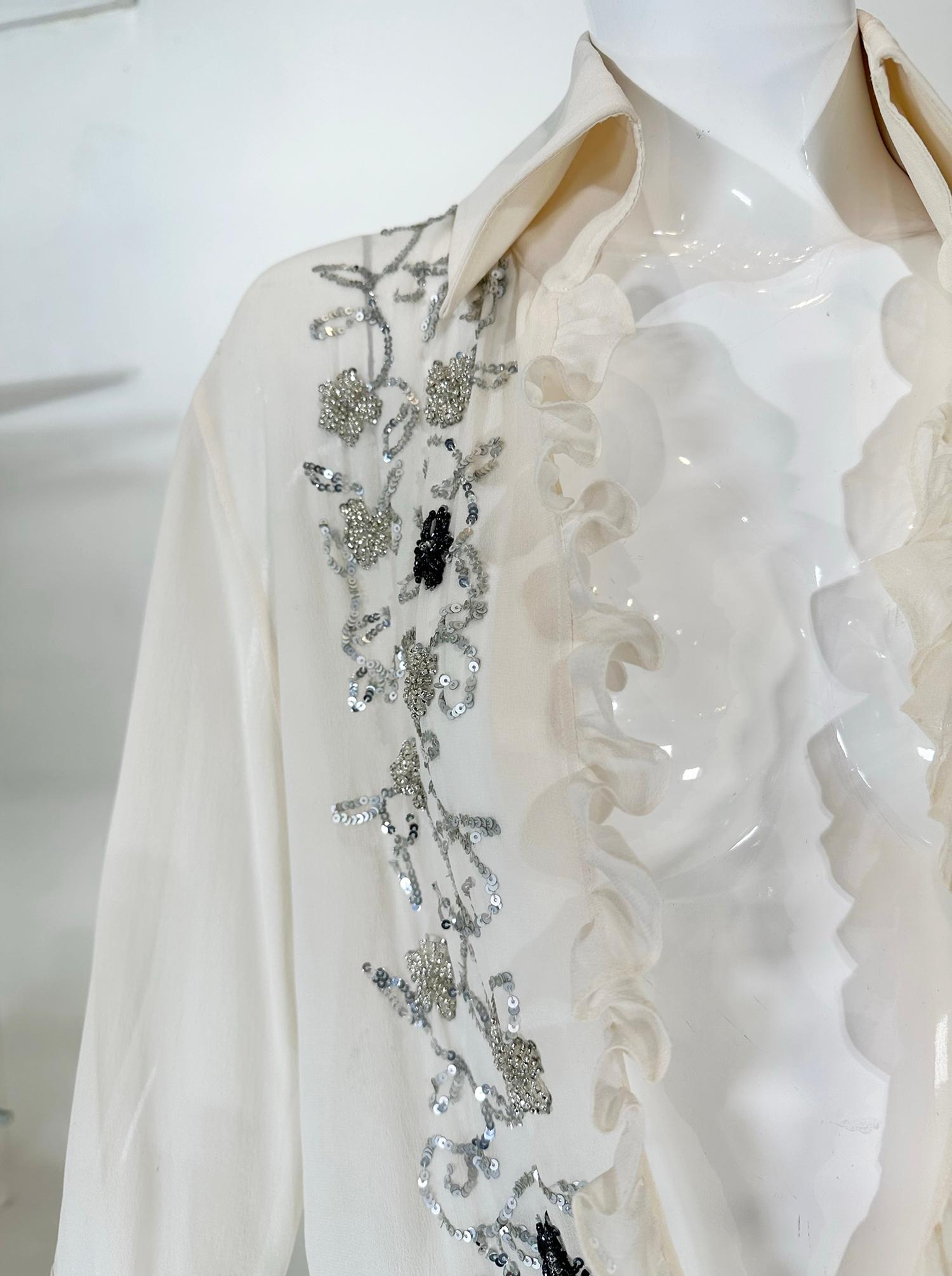 Women's Dolce & Gabbana Off White Sheer Silk Chiffon Plunge Neck Glittery Sequin Blouse  For Sale