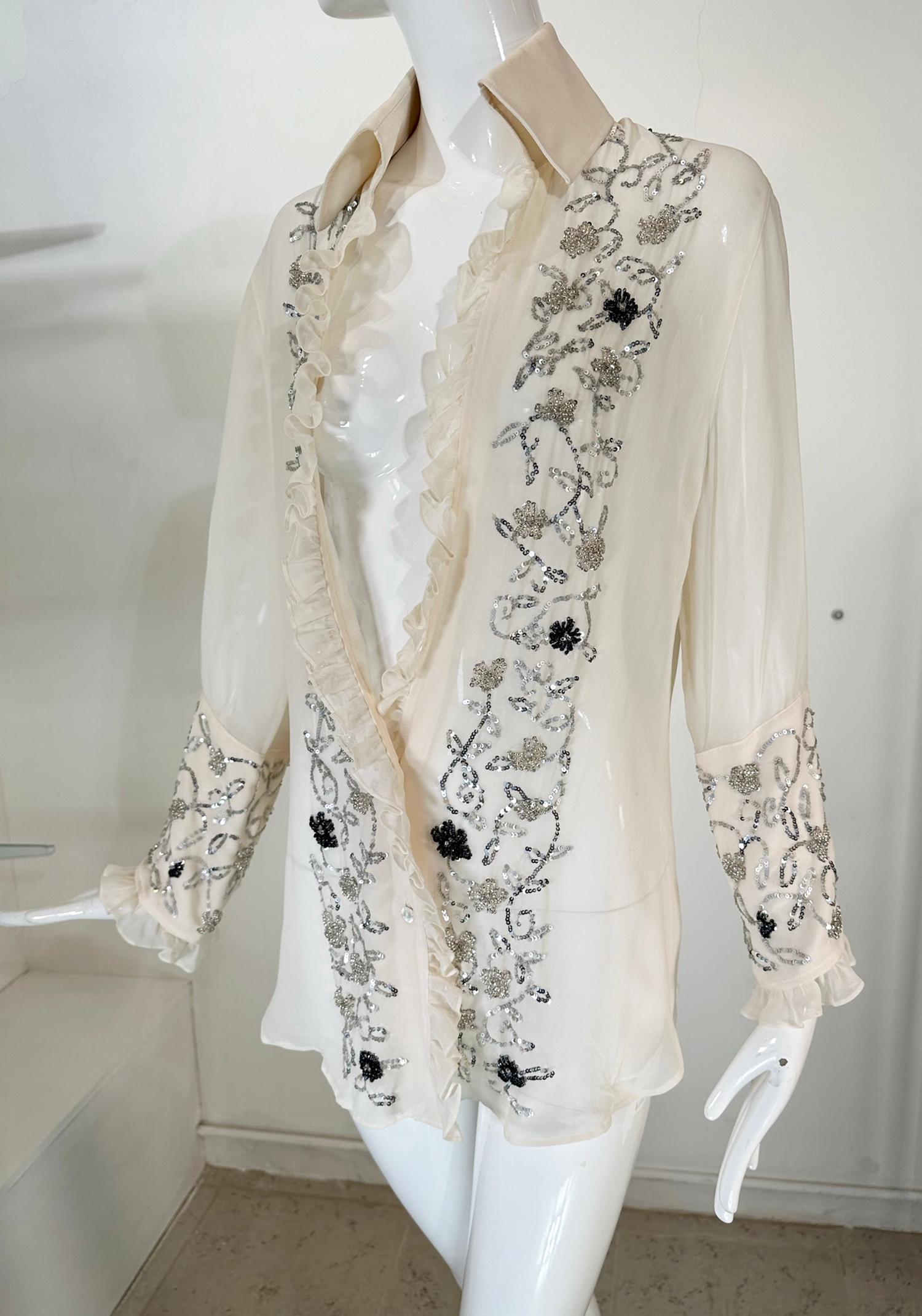 Dolce & Gabbana Off White Sheer Silk Chiffon Plunge Neck Glittery Sequin Blouse  For Sale 1