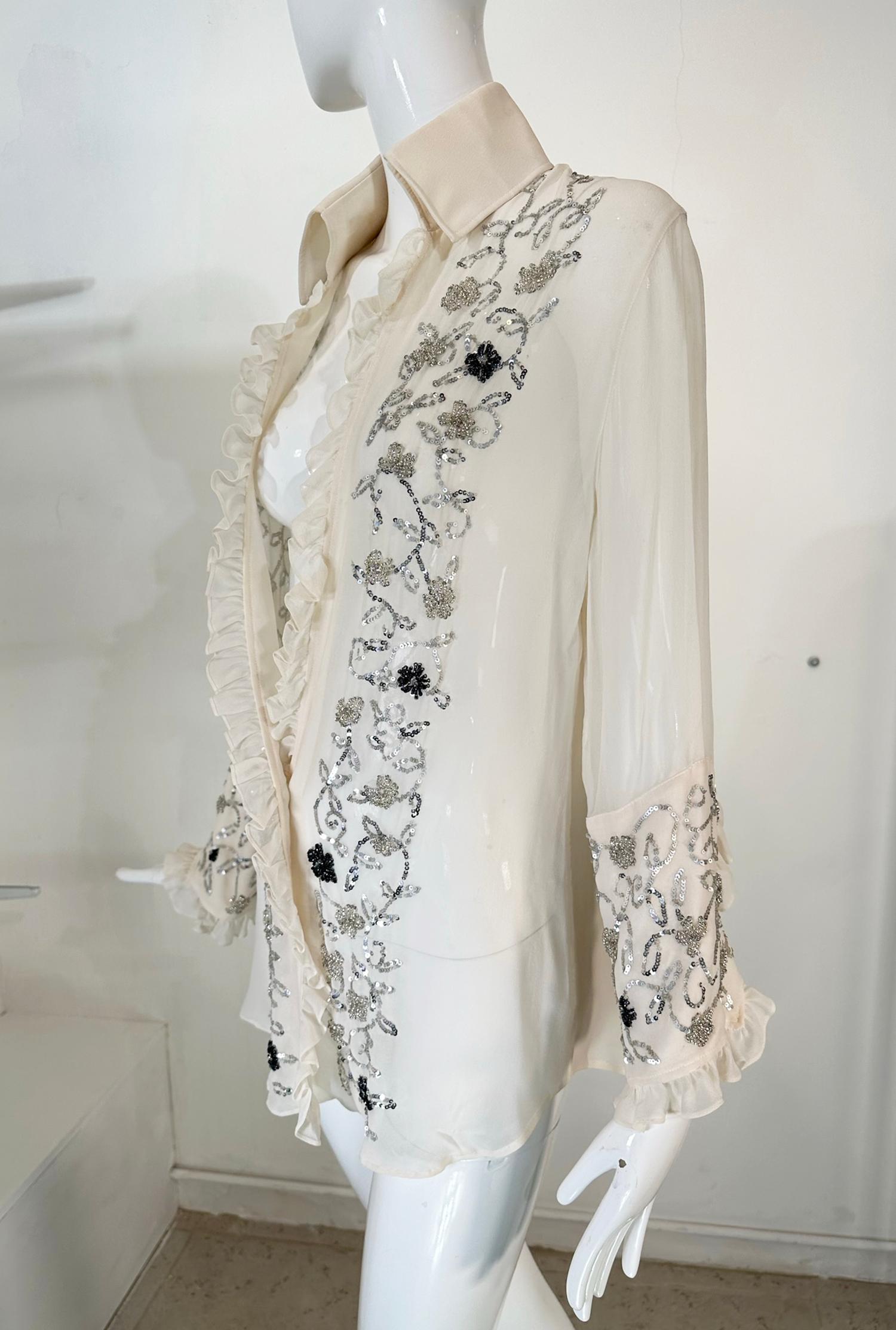 Dolce & Gabbana Off White Sheer Silk Chiffon Plunge Neck Glittery Sequin Blouse  For Sale 2