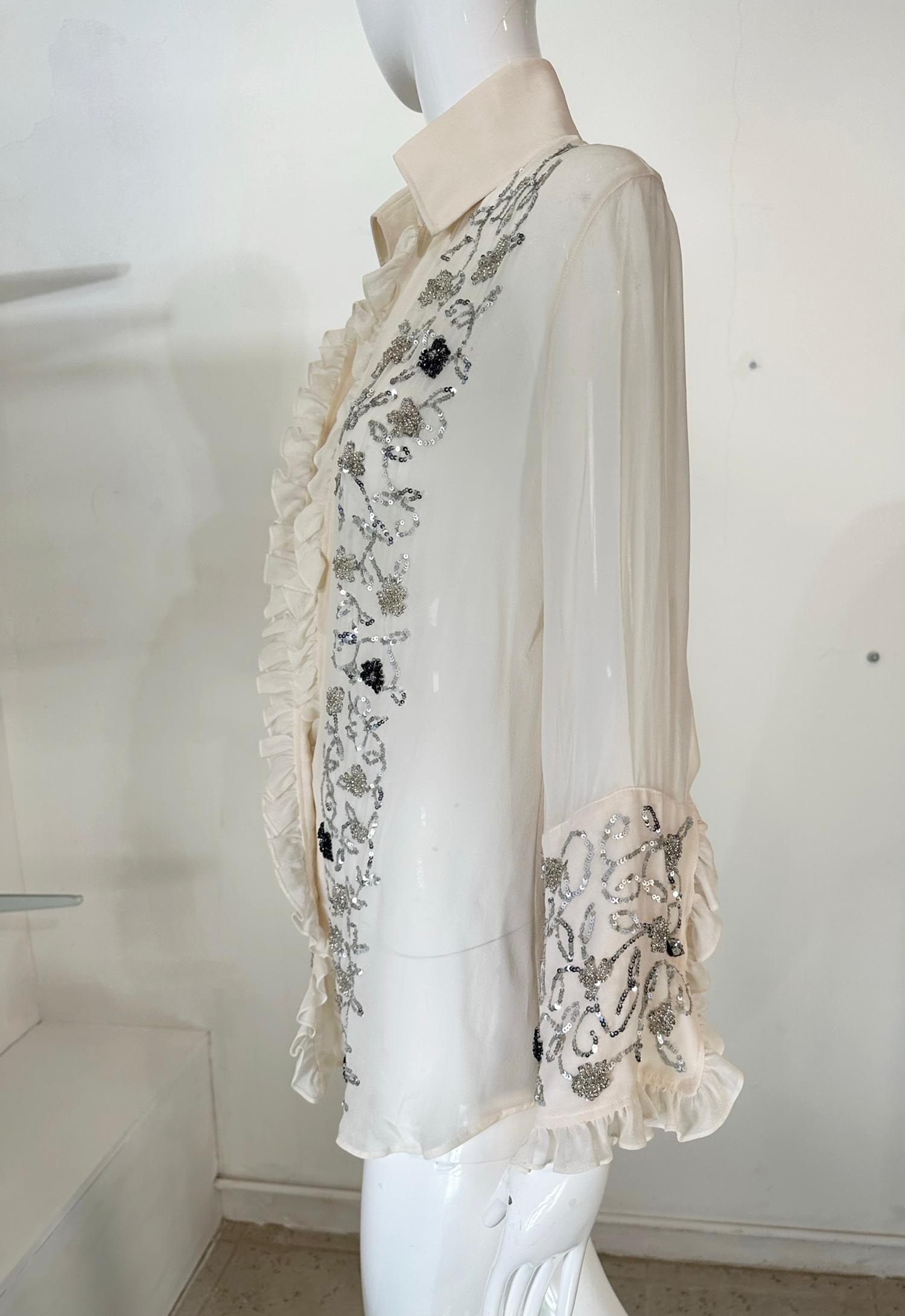 Dolce & Gabbana Off White Sheer Silk Chiffon Plunge Neck Glittery Sequin Blouse  For Sale 3