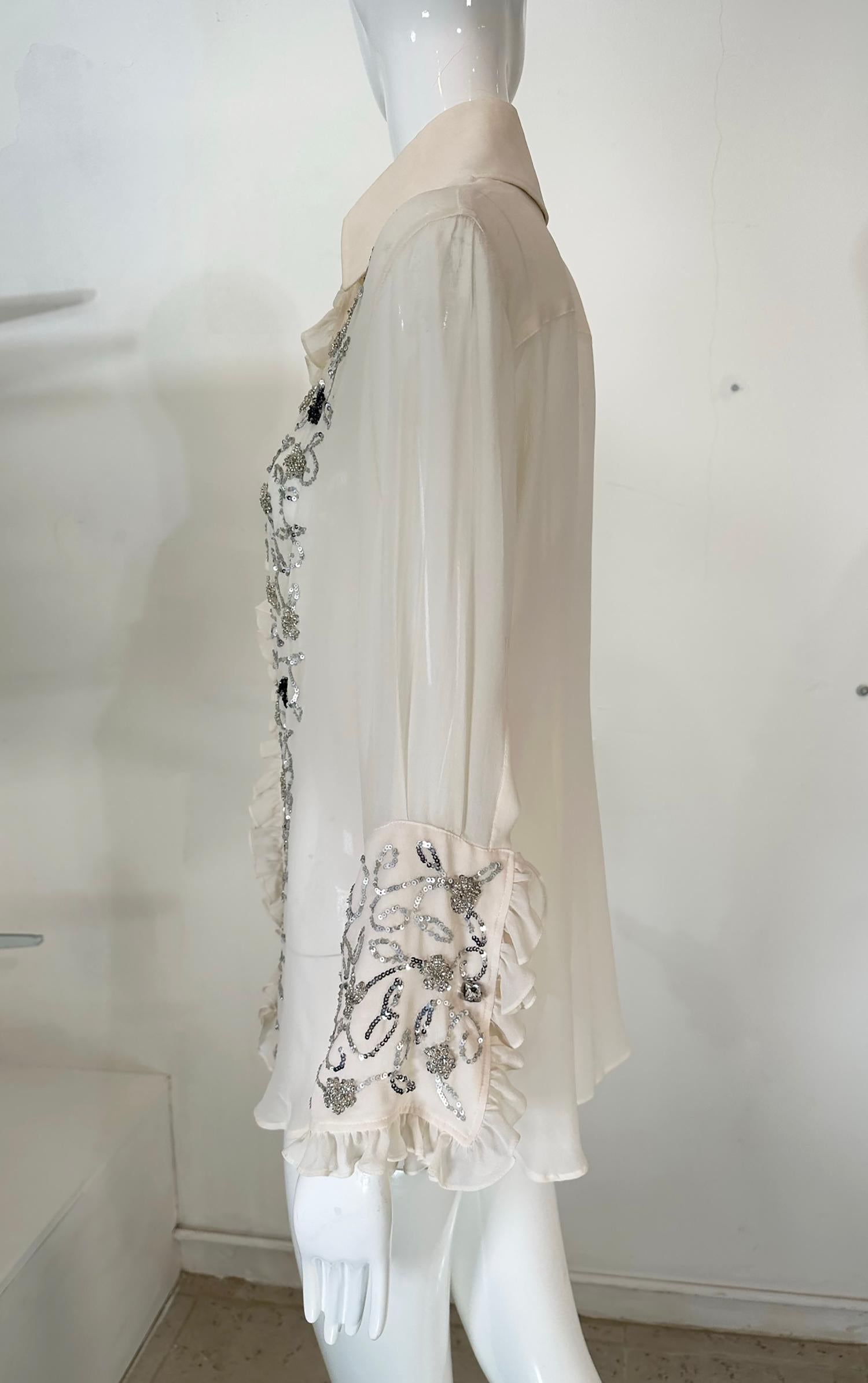 Dolce & Gabbana Off White Sheer Silk Chiffon Plunge Neck Glittery Sequin Blouse  For Sale 4