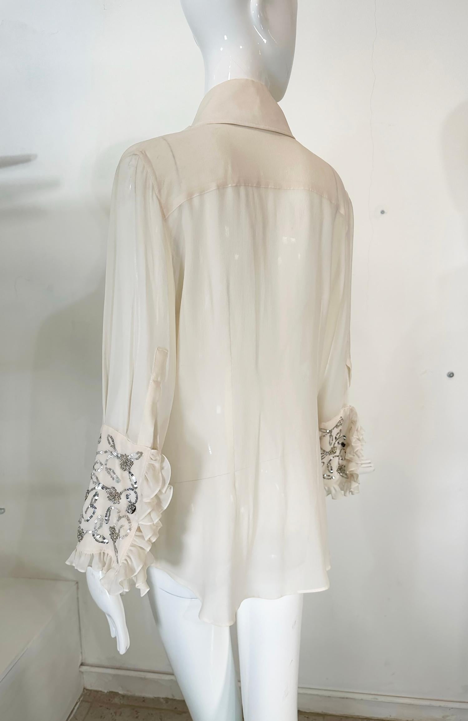 Dolce & Gabbana Off White Sheer Silk Chiffon Plunge Neck Glittery Sequin Blouse For Sale 4