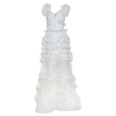 Dolce & Gabbana Off White Silk Feather Trim Ruffle Detail Gown L