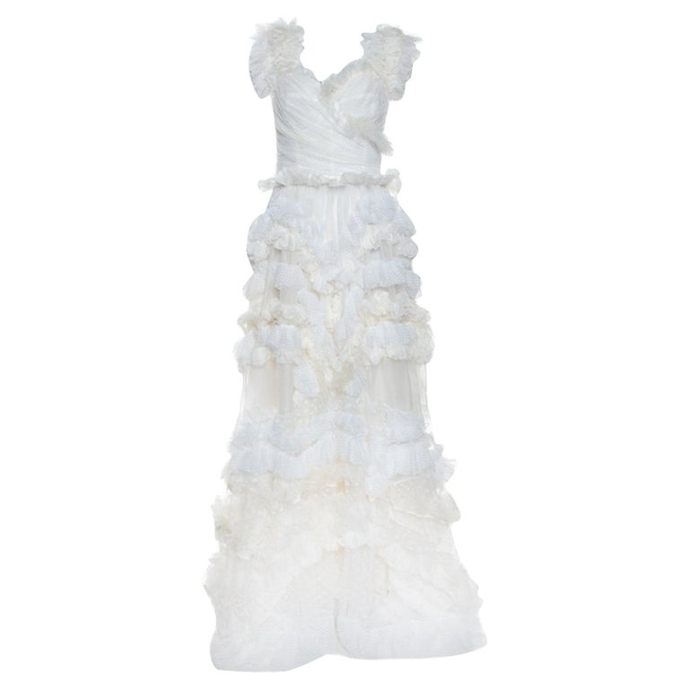 Dolce and Gabbana Off White Silk Feather Trim Ruffle Detail Gown L at  1stDibs