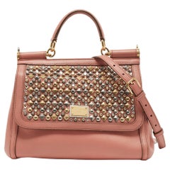 Dolce 
Gabbana Old Rose Leather Medium Embellished Sicily Top Handle Bag