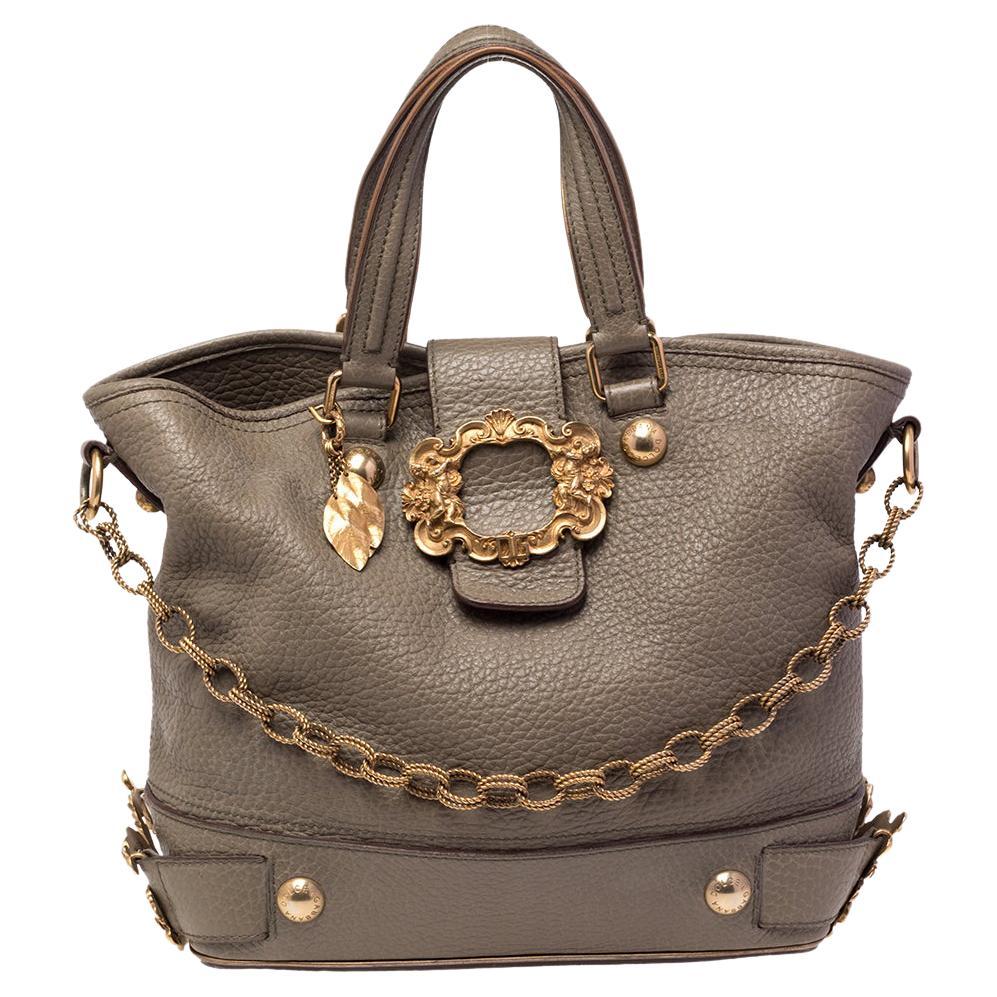 Dolce & Gabbana Olive Green Grained Leather Metal Logo Flap Tote