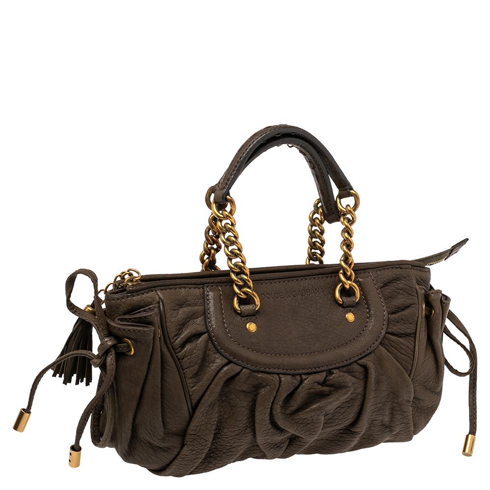 Dolce & Gabbana Olive Green Leather Tassel Satchel For Sale 2