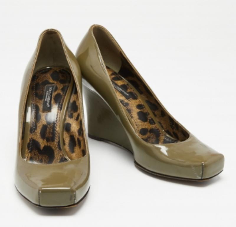Brown Dolce & Gabbana Olive Green Patent Leather Wedge  Pumps Size 38