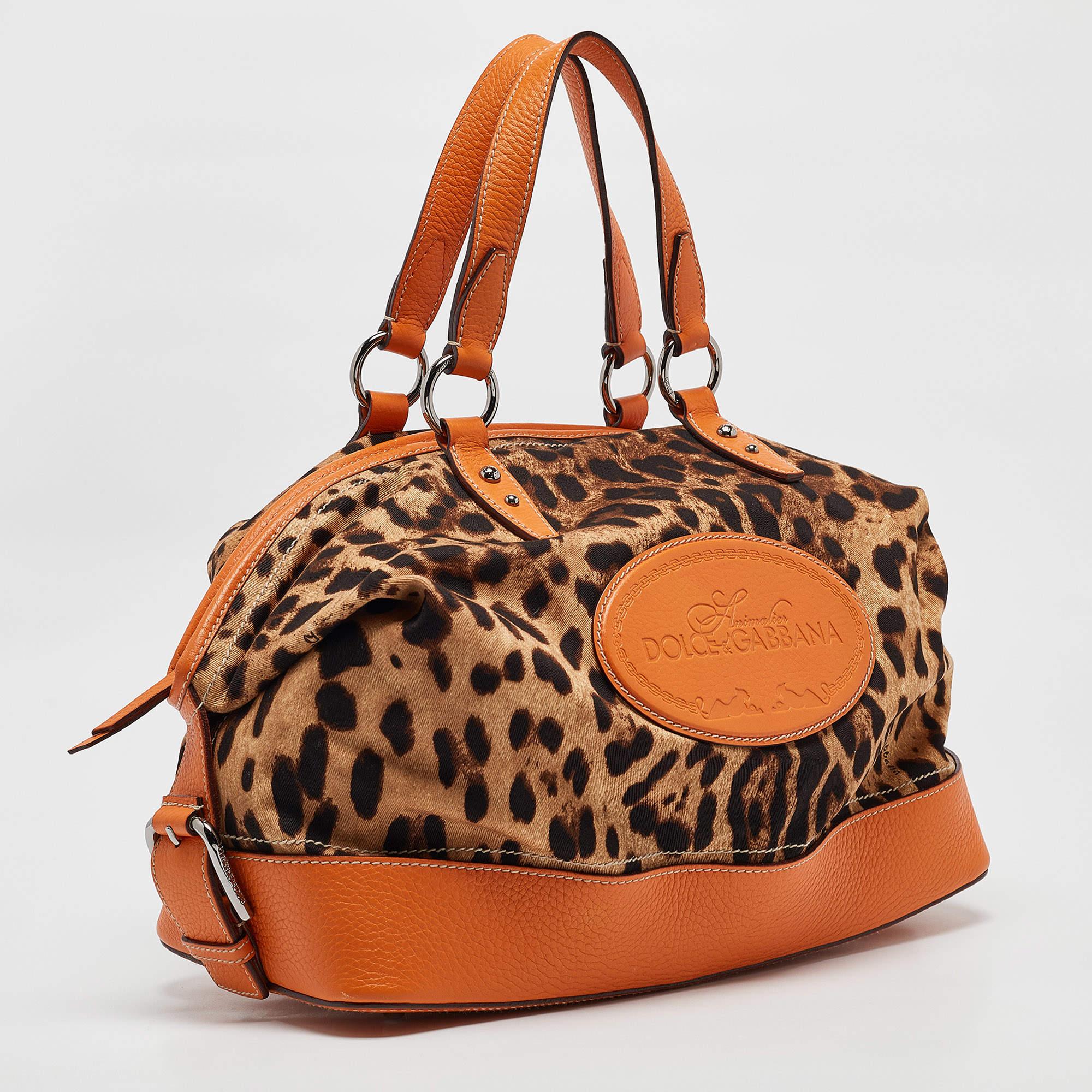 Brown Dolce & Gabbana Orange/Beige Leopard Print Fabric and Leather Animalier Satchel For Sale