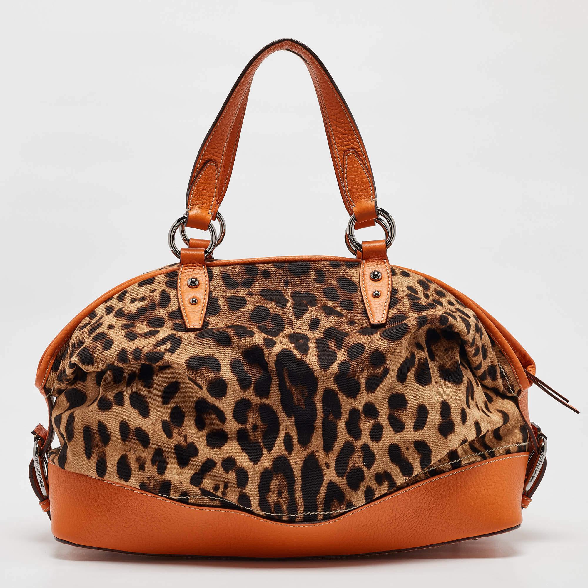 Dolce & Gabbana Orange/Beige Leopard Print Fabric and Leather Animalier Satchel In Good Condition For Sale In Dubai, Al Qouz 2
