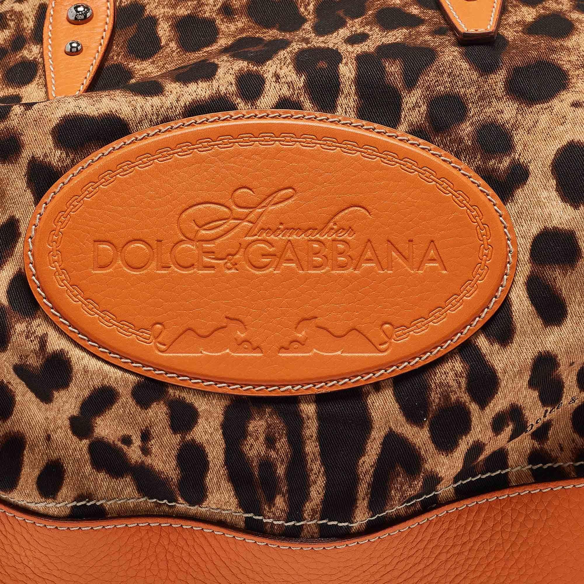 Women's Dolce & Gabbana Orange/Beige Leopard Print Fabric and Leather Animalier Satchel For Sale