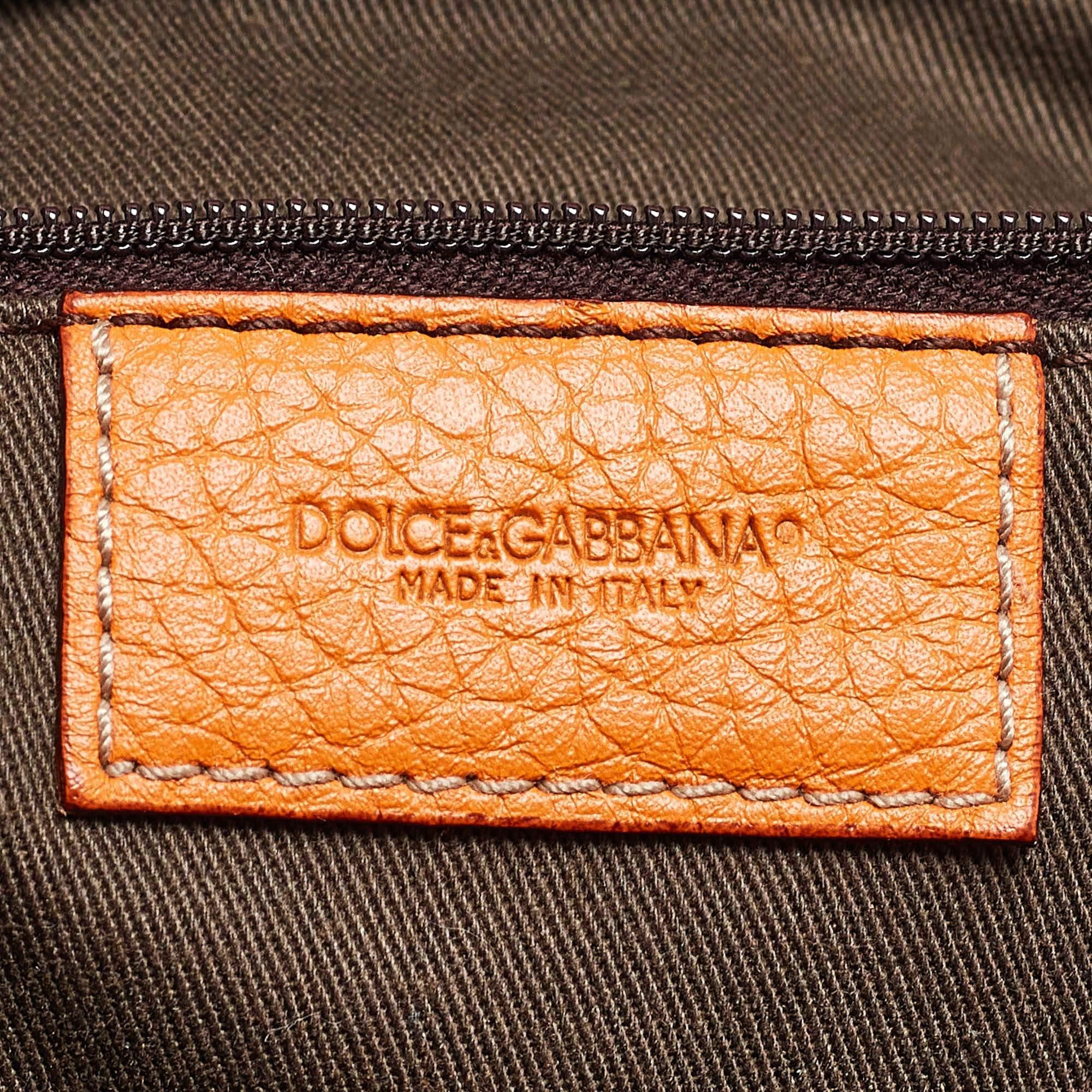 Dolce & Gabbana Orange/Beige Leopard Print Fabric and Leather Animalier Satchel For Sale 3