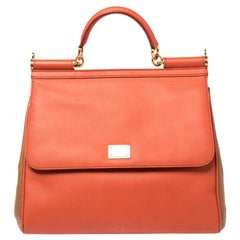 Dolce & Gabbana Orange/Braunes Leder Große Miss Sicily Top Handle Bag