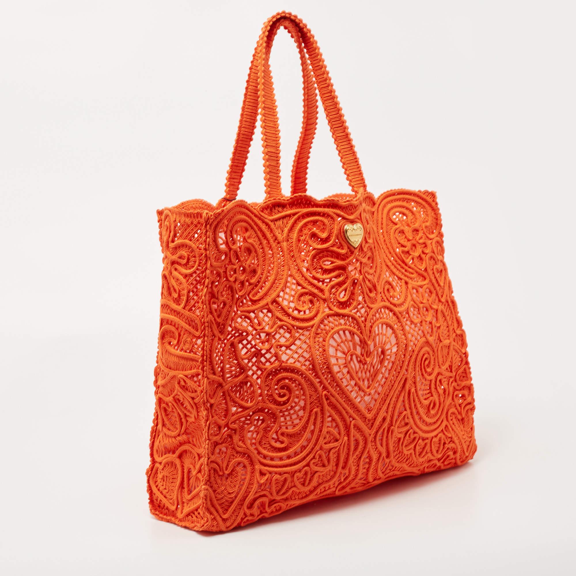 Women's Dolce & Gabbana Orange Crochet Beatrice Shopper Tote