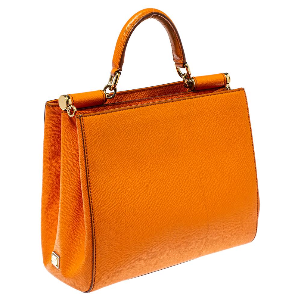 Women's Dolce & Gabbana Orange Dauphine Leather Sicily Shopper Tote