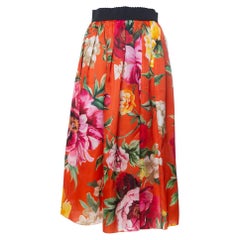 Dolce & Gabbana Orange Floral Printed Silk Midi Skirt M