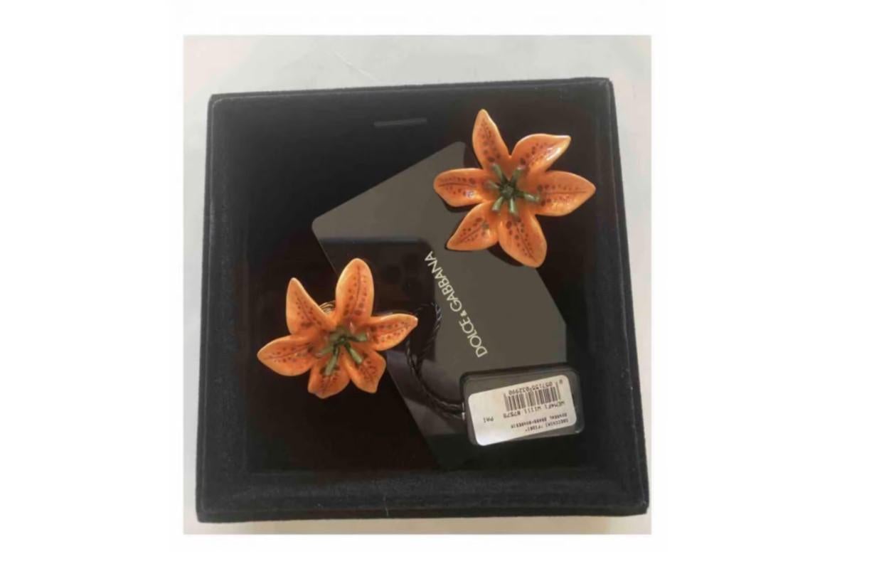 Dolce & Gabbana Orange Green Gold Brass Lilly Flower Clip-on Earrings Floral 7