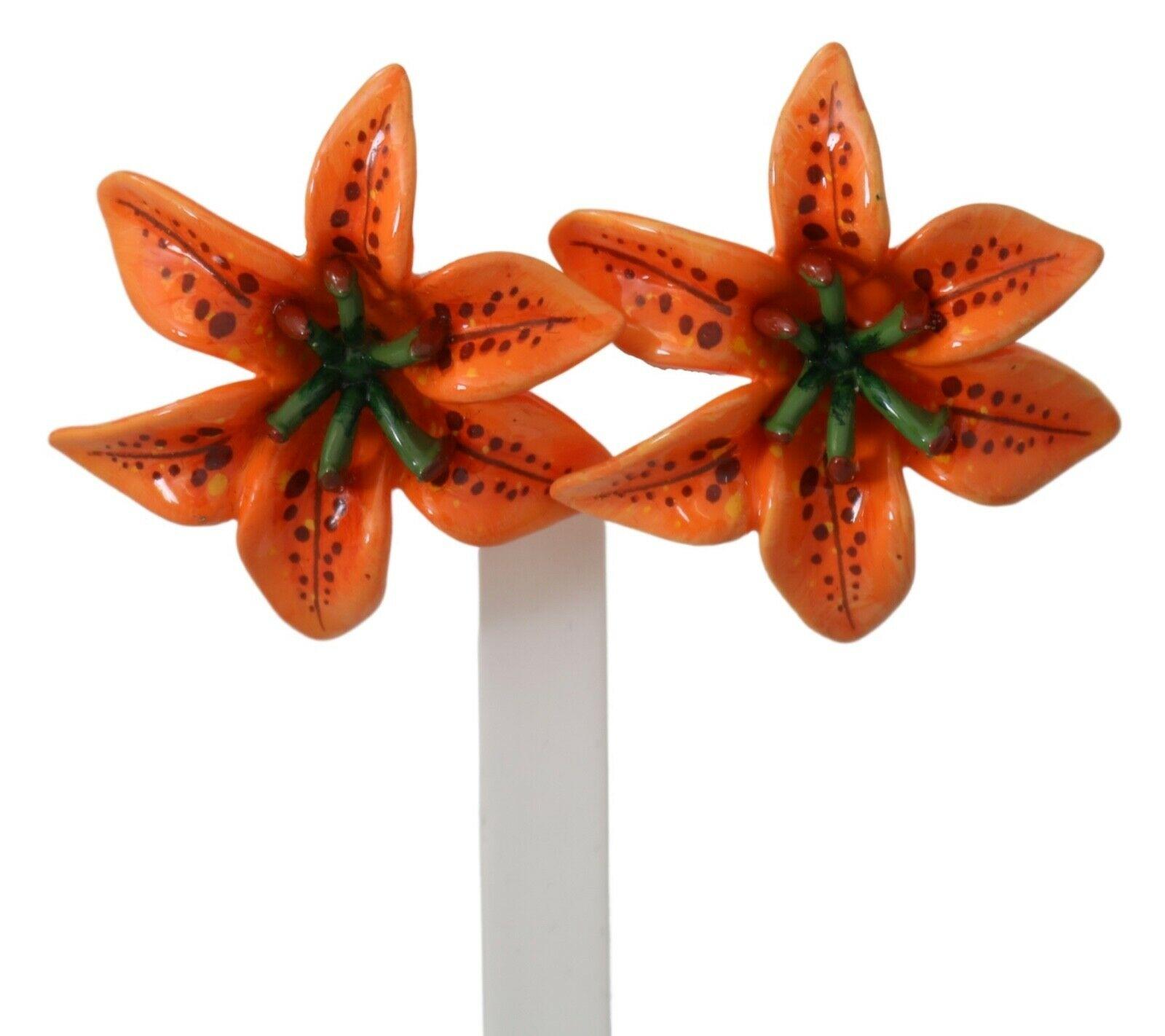 Modern Dolce & Gabbana Orange Green Gold Brass Lilly Flower Clip-on Earrings Floral