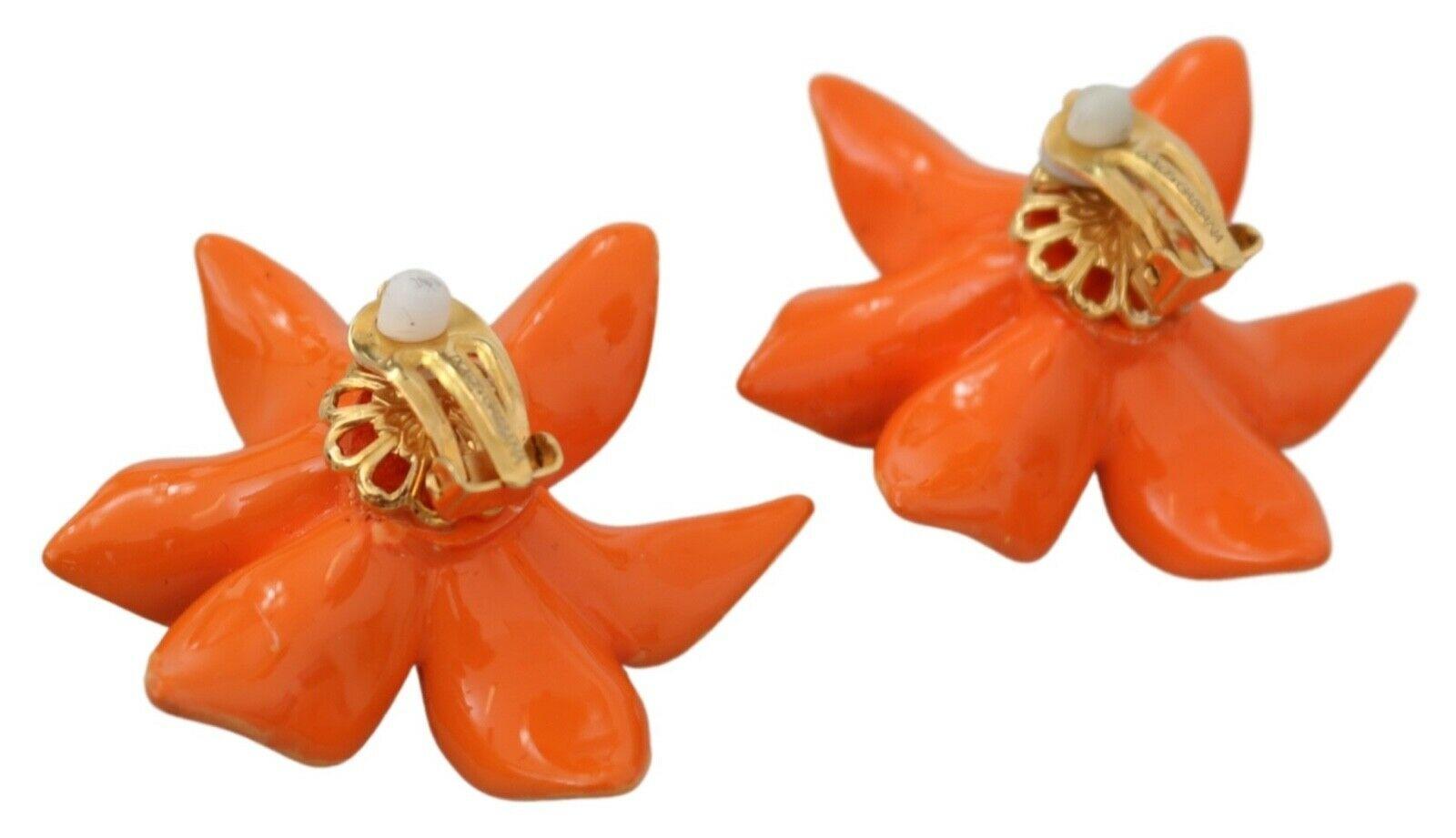 Dolce & Gabbana Orange Green Gold Brass Lilly Flower Clip-on Earrings Floral 1