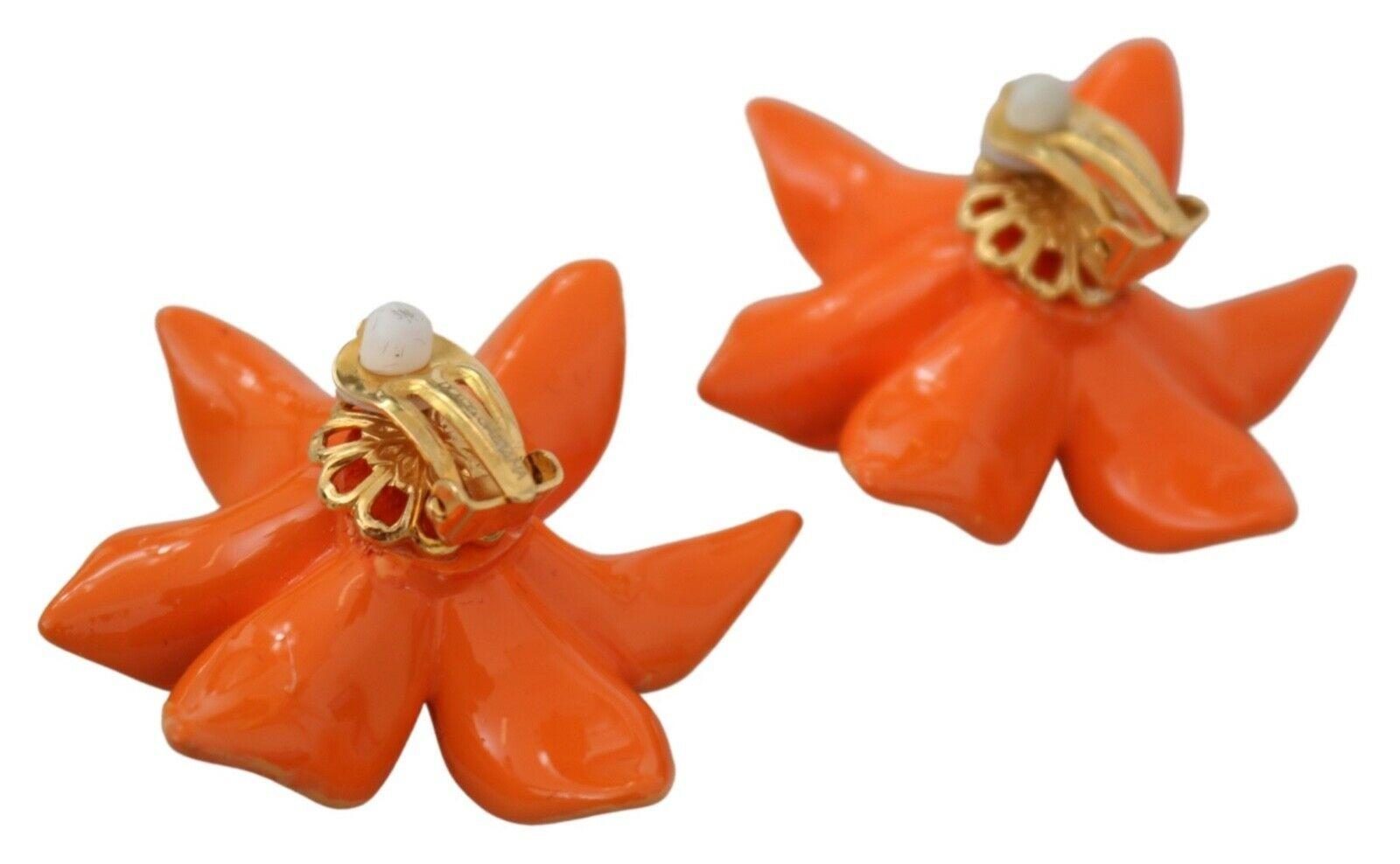 Dolce & Gabbana Orange Green Gold Brass Lilly Flower Clip-on Earrings Floral In New Condition In WELWYN, GB