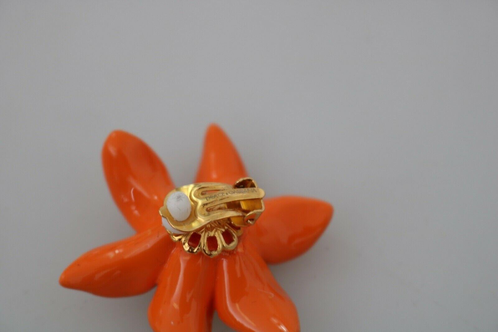 Dolce & Gabbana Orange Green Gold Brass Lilly Flower Clip-on Earrings Floral 3