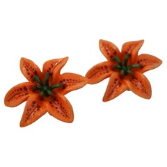 Dolce & Gabbana Orange Green Gold Brass Lilly Flower Clip-on Earrings Floral