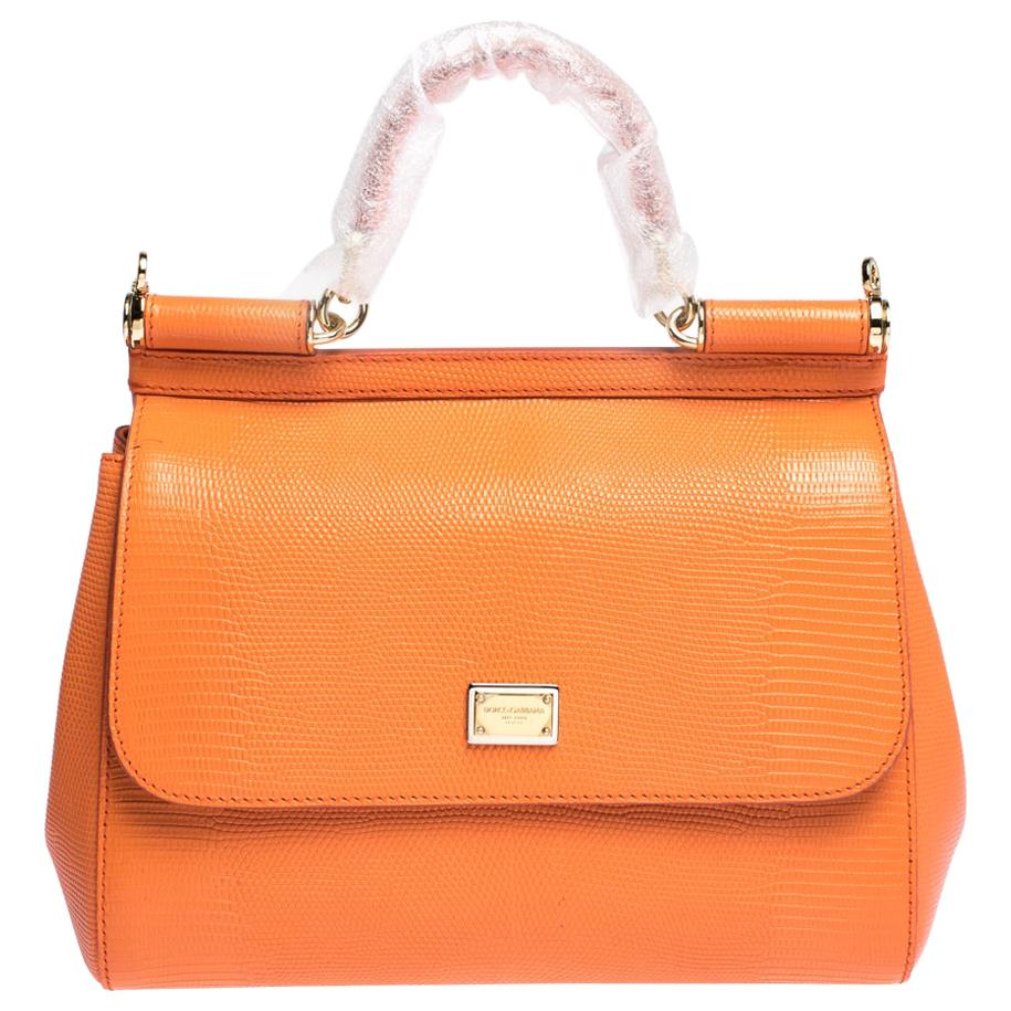 Dolce & Gabbana Orange Iguana Embossed Leather Medium Miss Sicily Bag