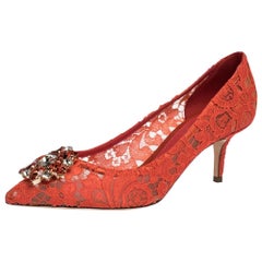 Dolce & Gabbana Orange Lace Jeweled Embellishment Pointed Toe Pumps Size 37