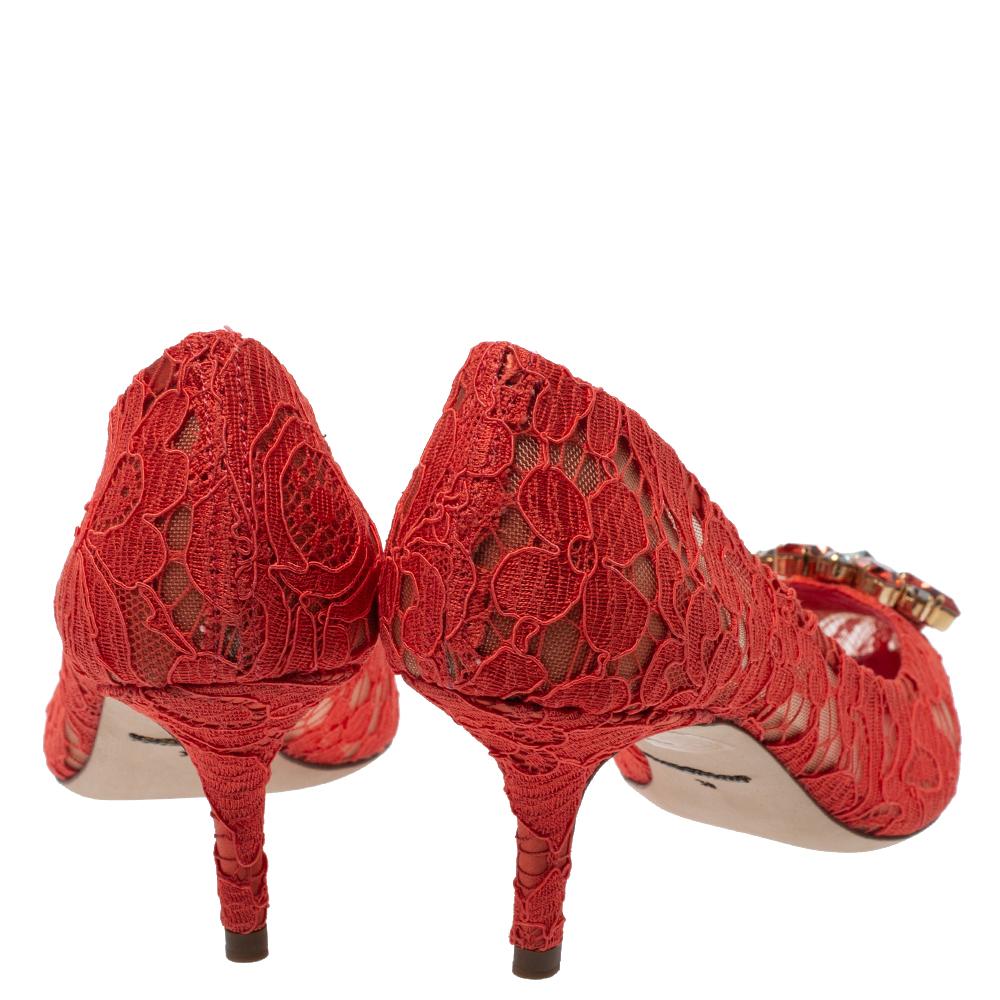 Red Dolce & Gabbana Orange Lace Jeweled Embellishment Pointed Toe Pumps Size 38